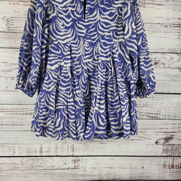 H&M Cottage Core Tunic Top XS Womens Long Sleeve V Neck Pullover Blue White - Picture 3 of 10